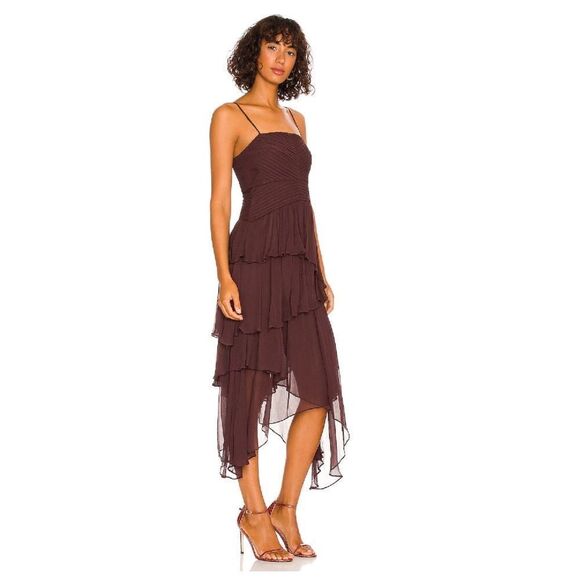 Free People - Olympia Pin Tuck Frill Midi Dress in Chocolate by Shona Joy - Picture 3 of 6